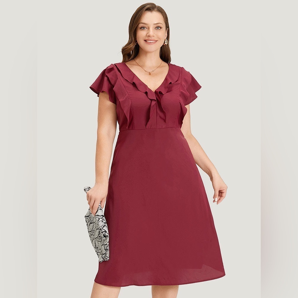 Bloomchic Plain Ruffle Trim Pocket Cap Sleeve Midi Dress Size 14/16